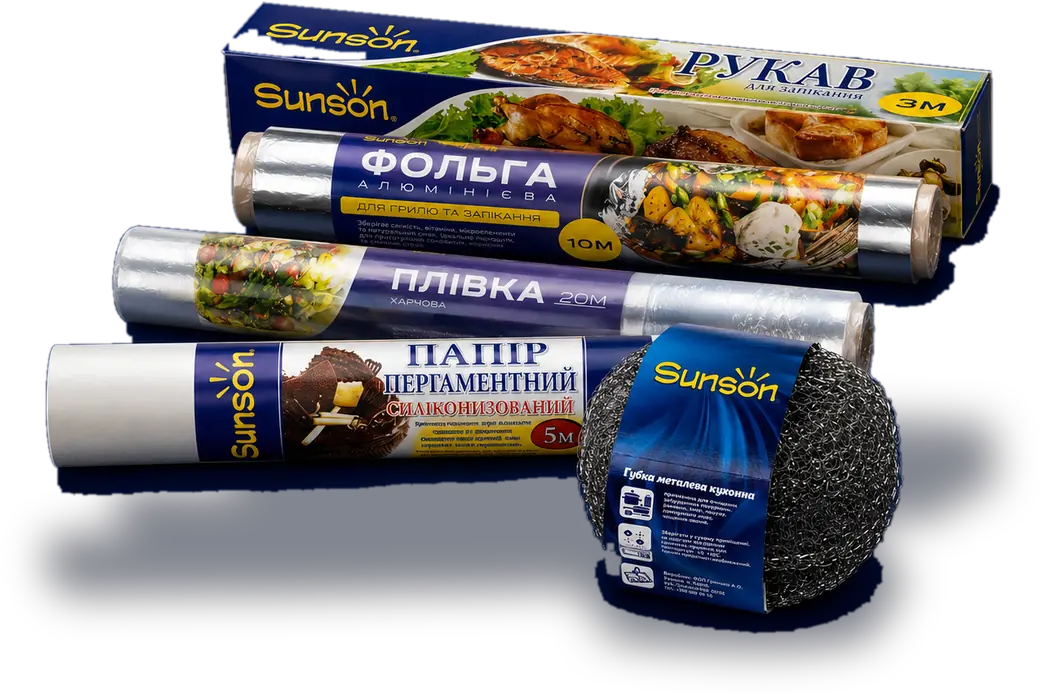 Фольга, харчова плівка, пергамент і металеві губки Sunson у фірмовій коробці